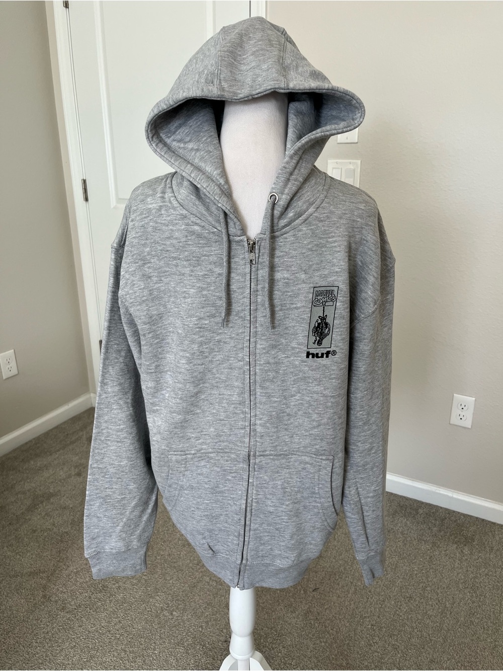 NWT HUF x Spider-Man Light Gray Full Zip-Up Hoodie Size Large - Picture 9 of 9
